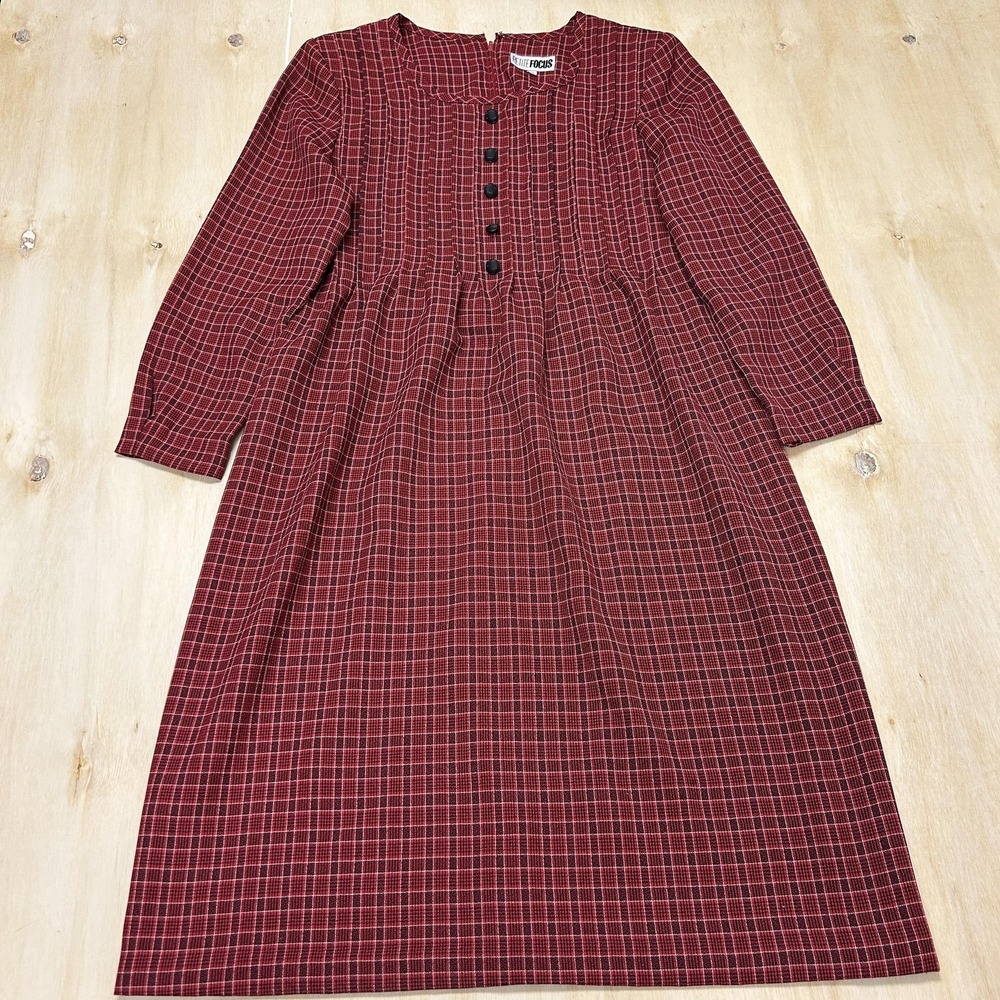 Vintage Petite Focus Dress Womens 8P Red Plaid Long Sleeve Fit & Flare Midi USA